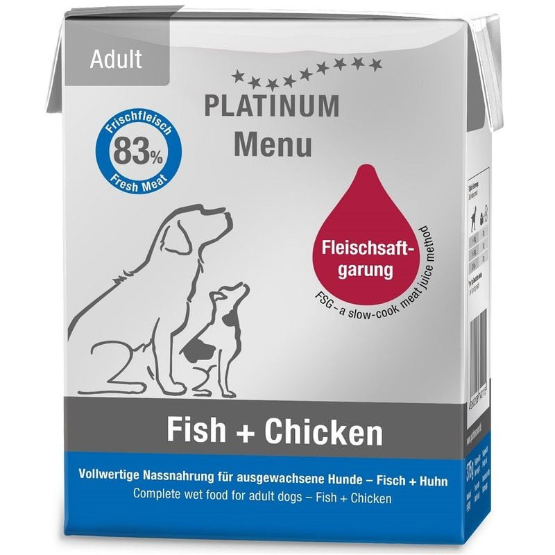 Vue avant de la boîte PLATINUM 1083648 Pâtée adulte Poisson + Poulet, avec badge 83% viande fraîche,