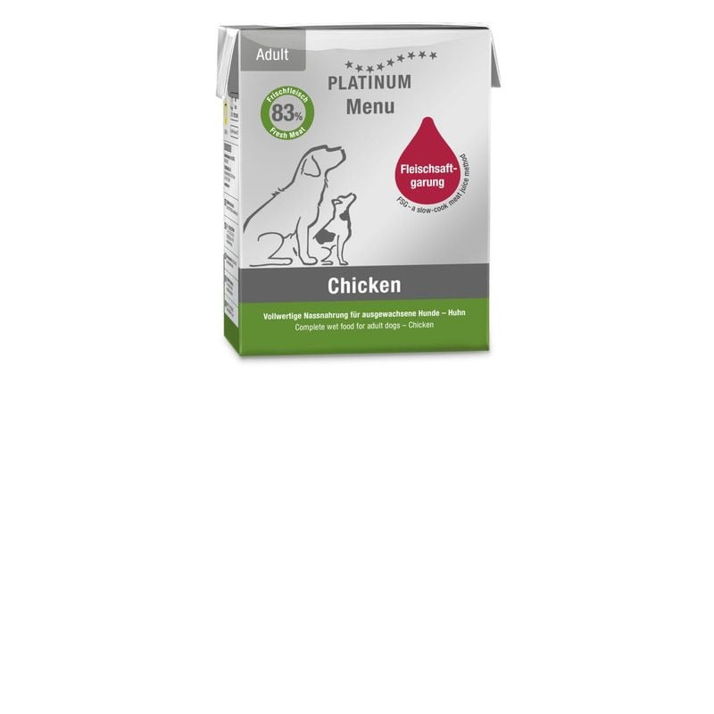 Vue avant de la pâtée PLATINUM Menu Adult Chicken 375g avec badge 83% viande fraîche, illustrations 