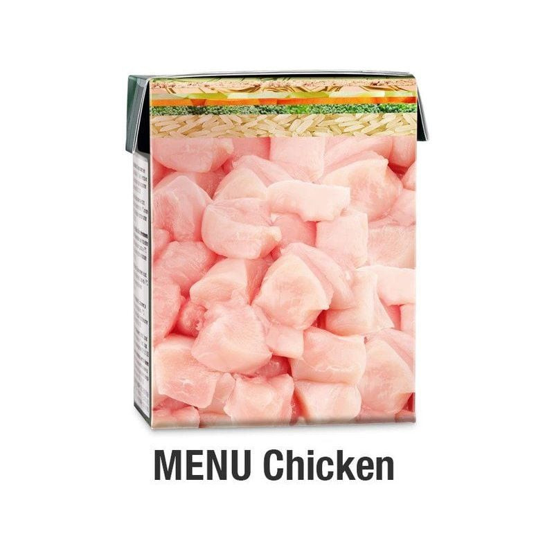 Gros plan latéral du paquet PLATINUM Menu Adult Chicken 375g mettant en avant certification viande f