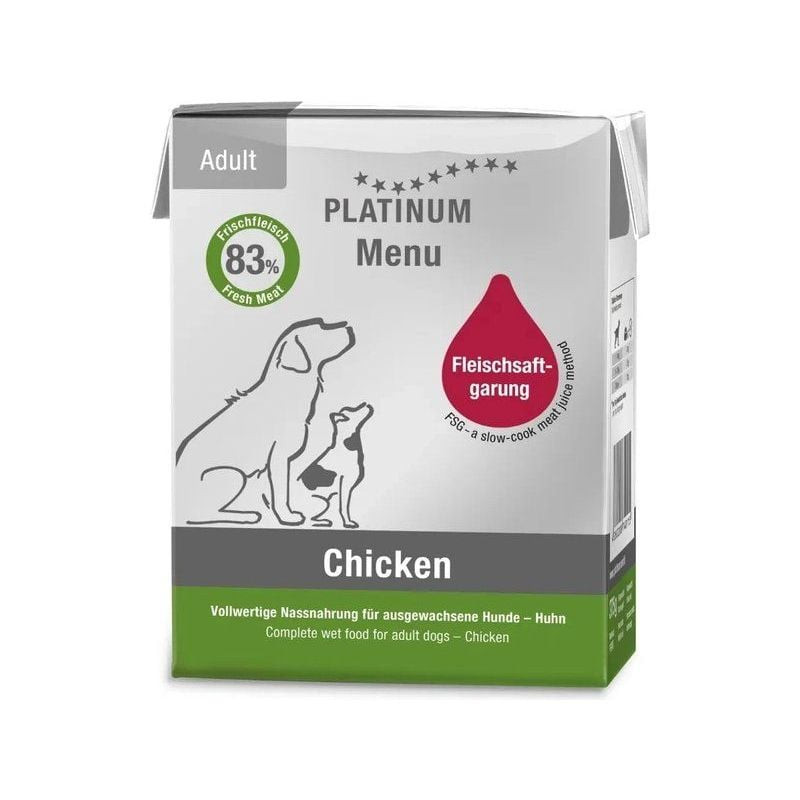 Pâtée PLATINUM Menu Adult Chicken 375g, vue packshot du carton ouvert avec morceaux de poulet rose f