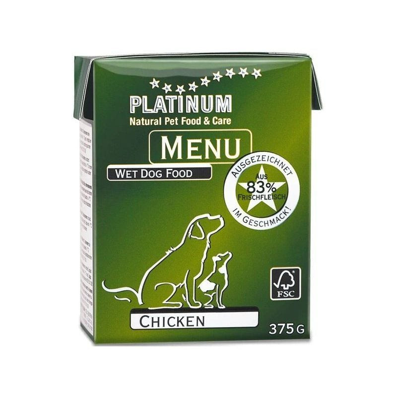 Vue arrière ou latérale du carton vert PLATINUM Menu Chicken 375g montrant l'étiquette pâtée pour ch