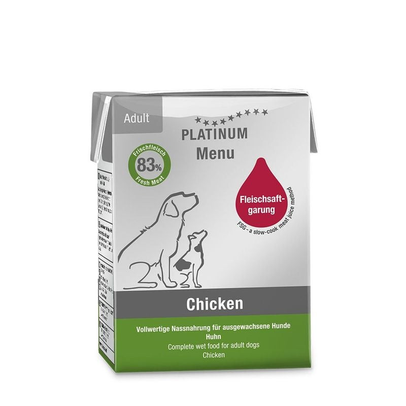 Pâtée PLATINUM Menu Adulte Poulet vue packshot : carton avec étiquette 83% viande fraîche, illustrat