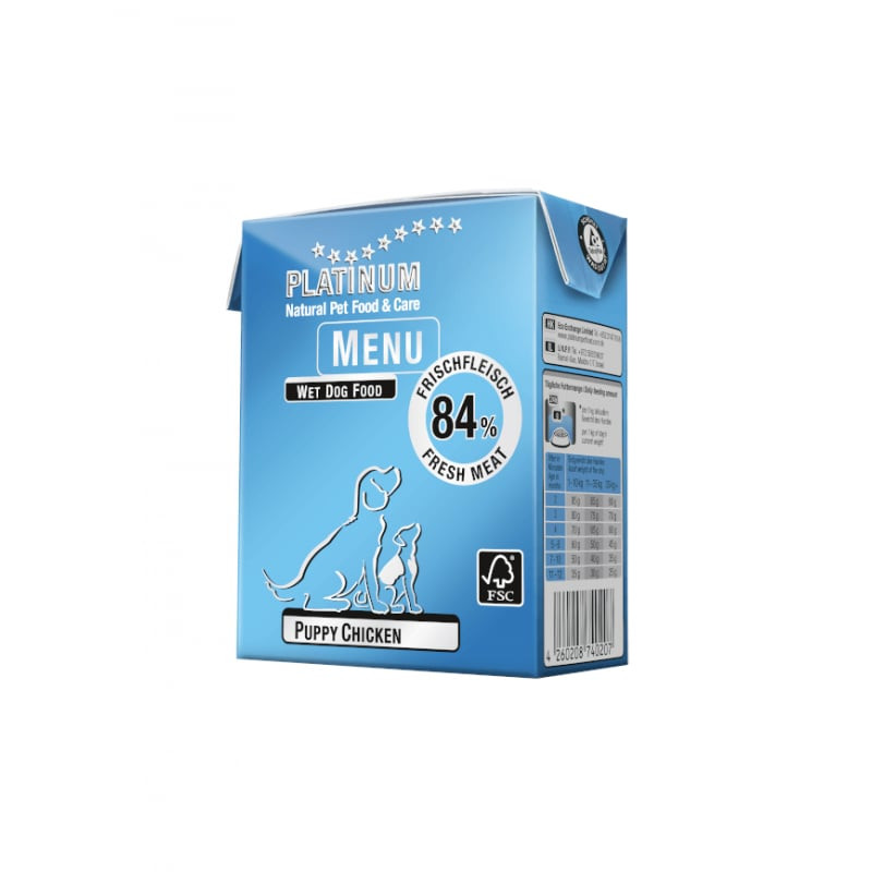 Vue complète de la boîte bleue Platinum Puppy Chicken avec pâtée humide pour chiot, badge 84% viande
