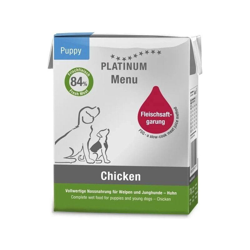 Pâtée Platinum Puppy au poulet en carton, vue avant avec 84% viande fraîche, étiquette Chiot, saveur