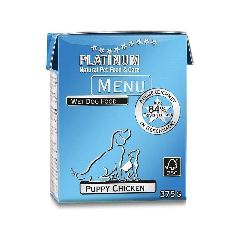 Vue latérale de la pâtée Platinum Puppy Chicken 375g mettant en avant 84% de viande fraîche, jus de 