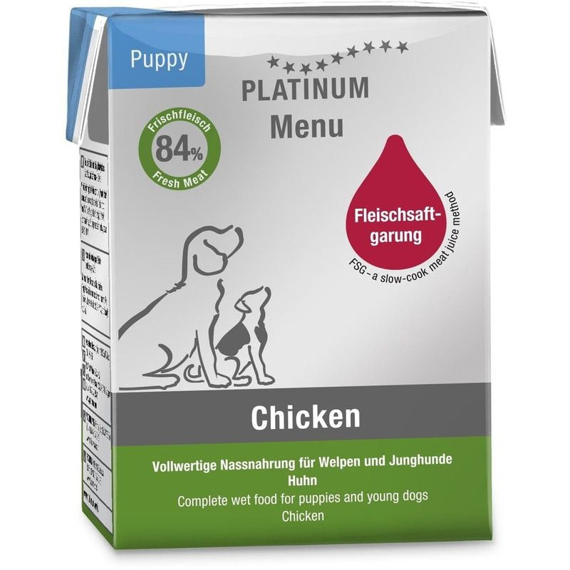 Vue avant de la pâtée Platinum Menu Poulet pour chiot en carton, avec badge 84% viande fraîche, illu