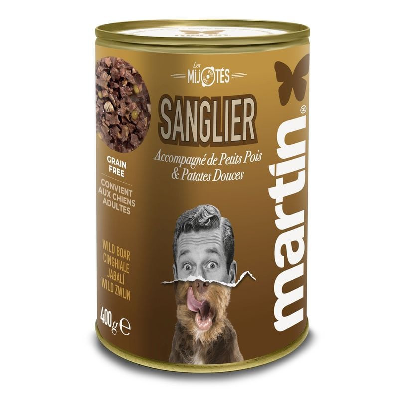 Martin Sellier pâtée sanglier pour chien en boîte (400g), sans céréales avec petits pois et patate d