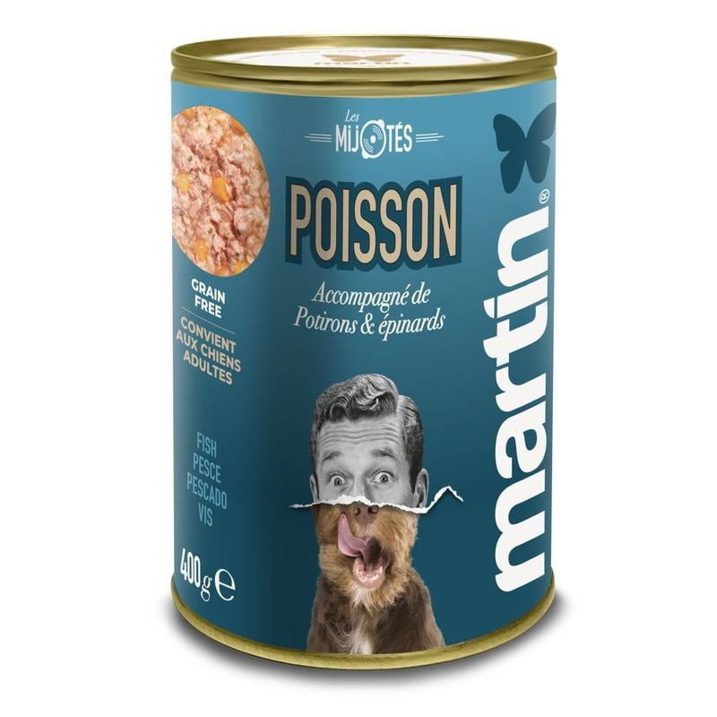 Martin Sellier Mijotés 400g boîte bleue pâtée sans céréales au poisson avec potiron, épinards et ill