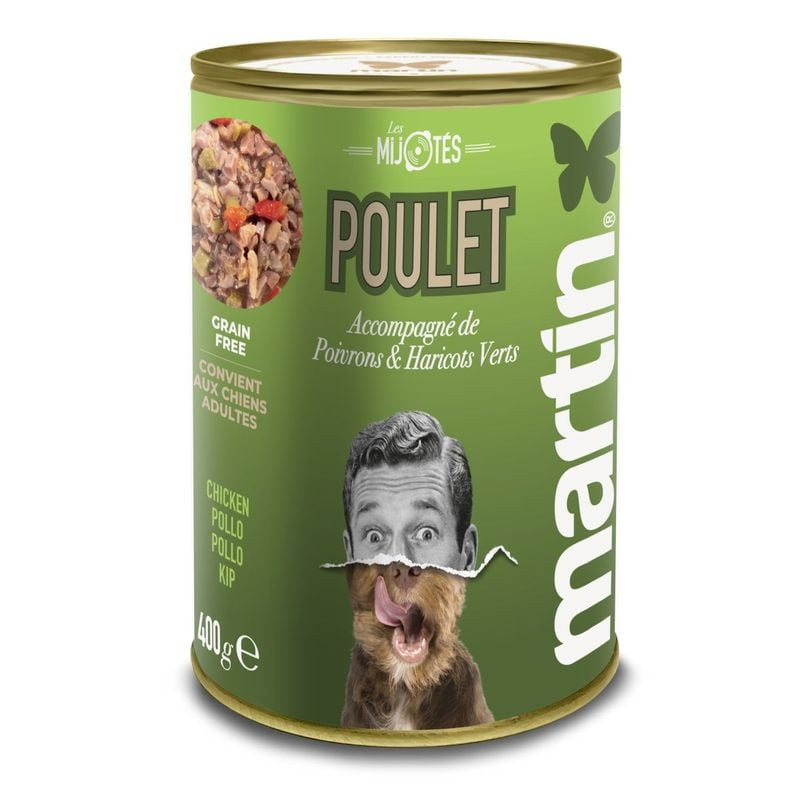 Martin Sellier 1083640 pâtée poulet mijoté en boîte verte 400g, étiquette avec illustration chien, m