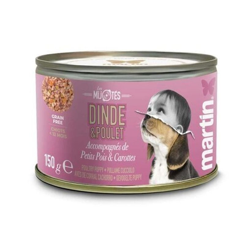 Martin Sellier pâtée pour chiot 150g dinde et poulet vapeur, sans céréales, étiquette rose et adorab