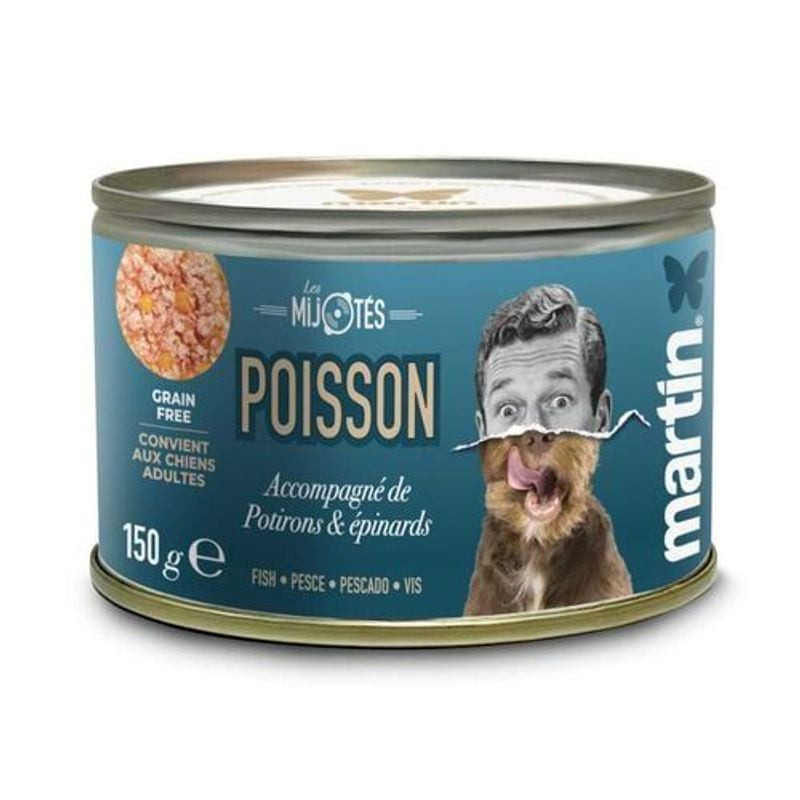 Boîte Martin Sellier pâtée humide pour chien (150g) poisson et purée de potiron, sans céréales, avec