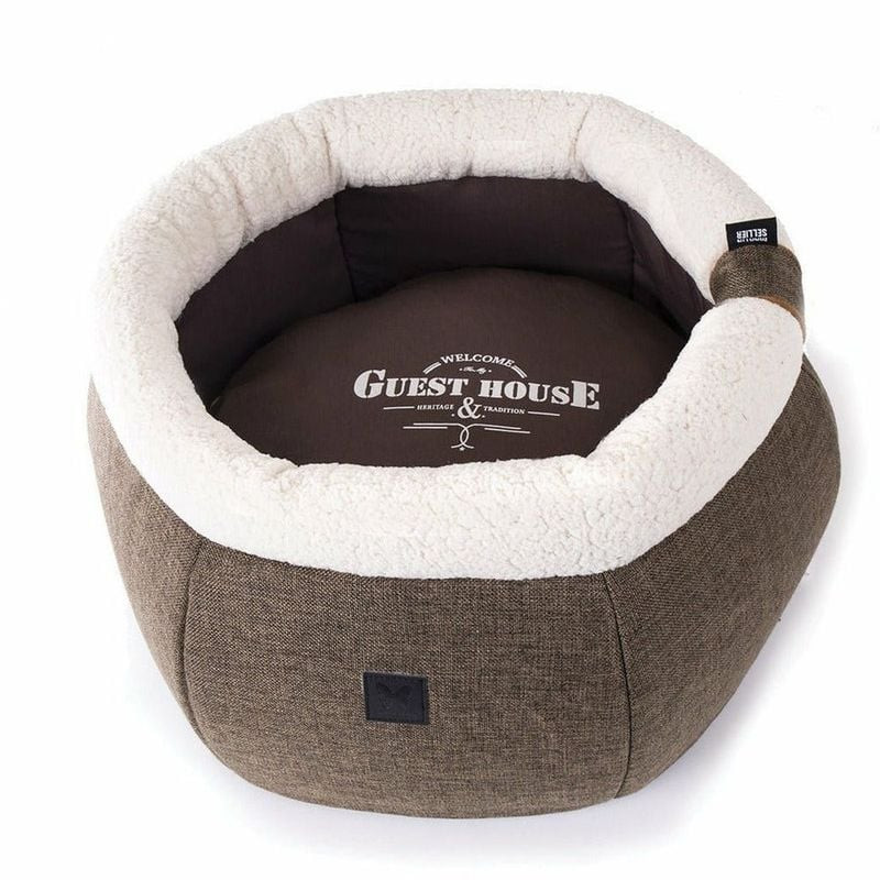 Panier rond haut Guest House T47 marron Martin Sellier avec bordure fausse fourrure blanche, vue ouv