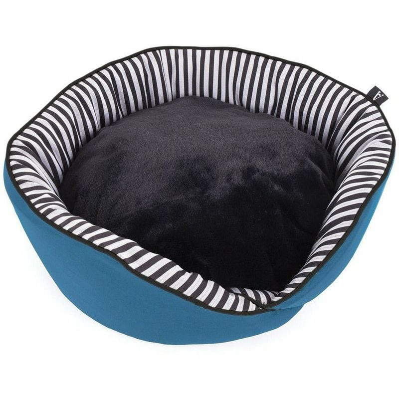 Corbeille ronde Divine Martin Sellier bleu avec coussin noir moelleux et bord intérieur rayé noir-bl