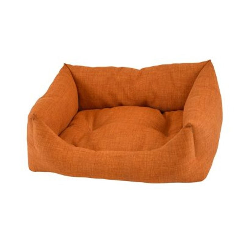 VADIGRAN Adelle square dog bed in ocher polyester, placed on floor, showing its basket design.