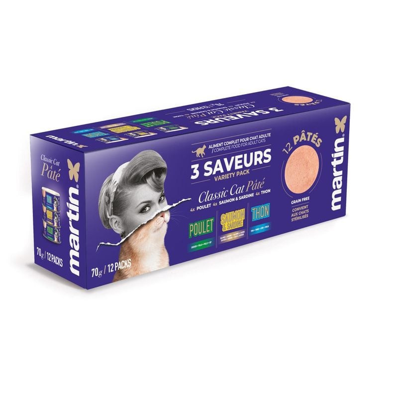 Martin Sellier Pâtée Chat Classique pack 12x70g : boîte violette avec 3 saveurs (poulet, saumon, tho