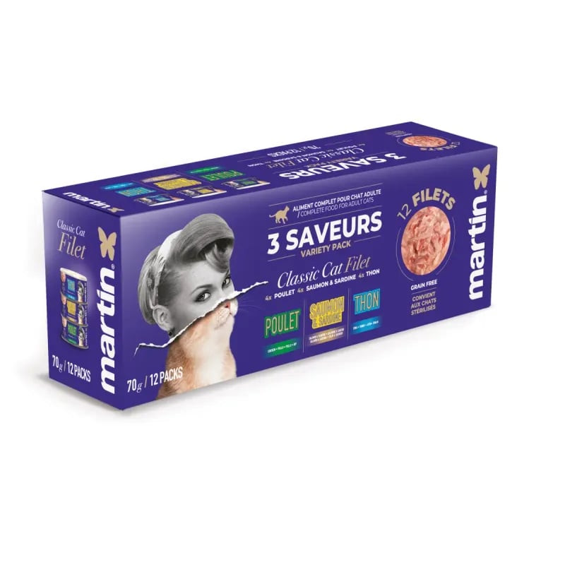 Boîte Martin Sellier Pâtée Filet Chat Classique multipack 12x70g violette, 3 saveurs : poulet, thon,