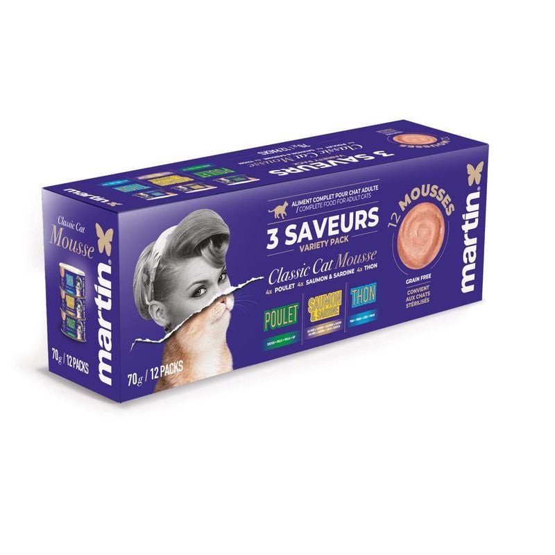 Martin Sellier Mousse Classique pour Chat multipack : boîte violette avec 12 sachets de 70g de nourr