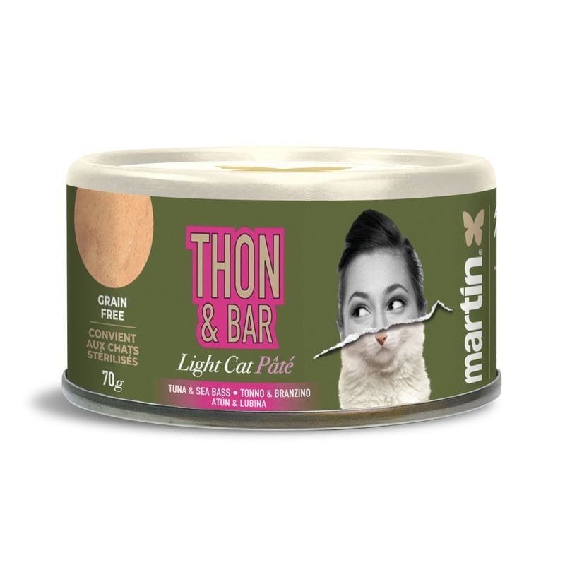 Martin Sellier 1083537 pâtée light pour chat 70g au thon et bar, sans céréales pour chats stérilisés
