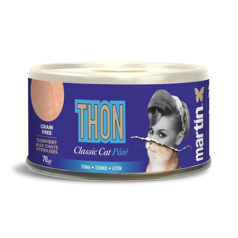 Martin Sellier Classic pâtée chat thon 70g, sans céréales pour chats stérilisés, étiquette bleue ave