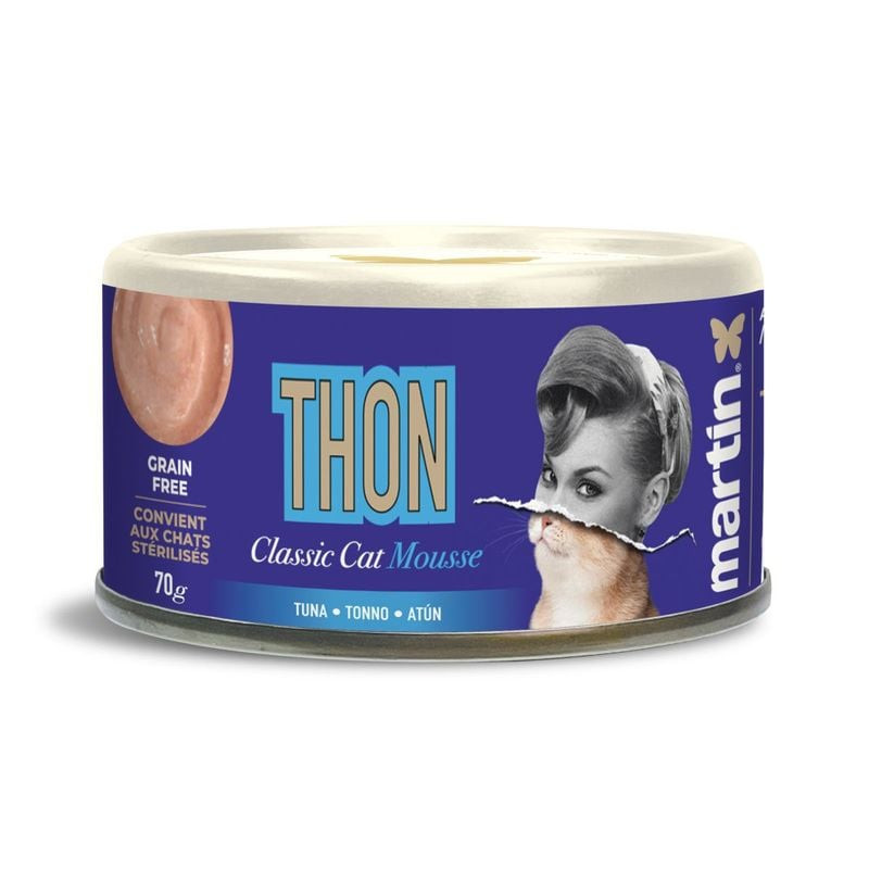 Martin Sellier Classic pâtée mousse chat 70g thon : boîte bleue avec mousse de thon visible, label s