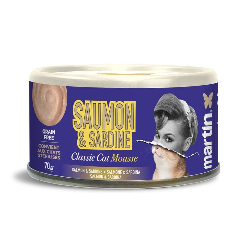 Boîte Martin Sellier Classic Mousse Chat 70g saumon et sardine, sans céréales, étiquette violette av