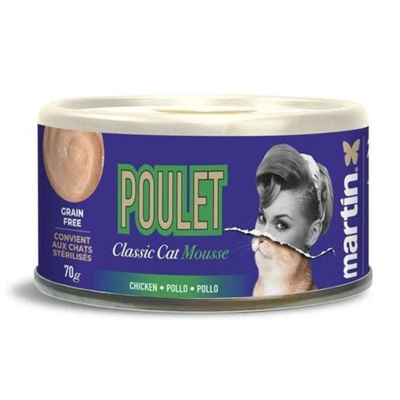 Martin Sellier Classic Mousse Chat poulet packshot : boîte 70g sans céréales, étiquette violette, ch