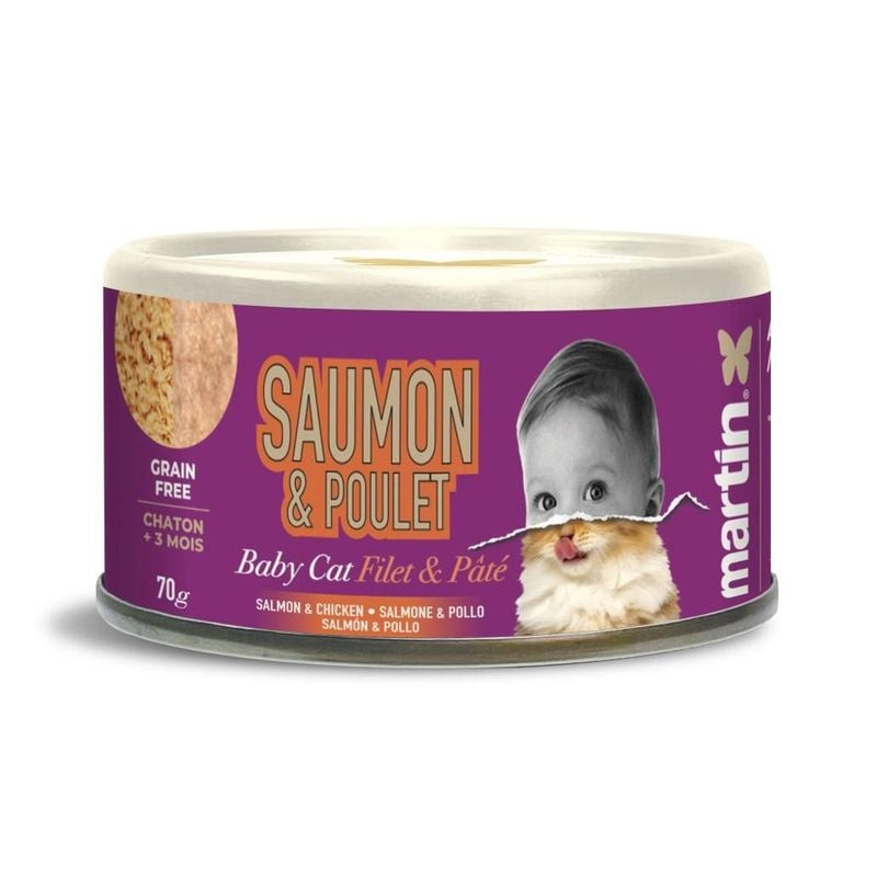 Martin Sellier Baby Chat sans céréales saumon & poulet filet et pâté 70g, étiquette violette aux acc