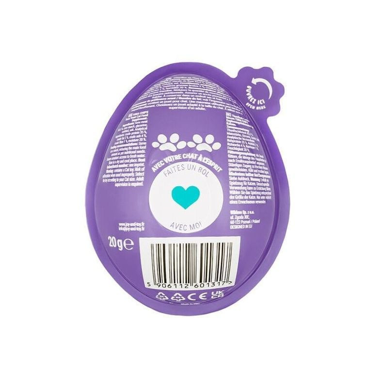 Close-up of opened Joy & Toy Tuna Surprise Egg revealing a tuna treat and a surprise toy ball inside