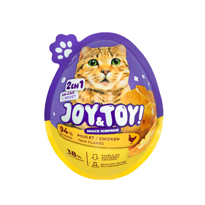 Joy & Toy chicken surprise egg cat treat displayed with a small toy and bite-sized pieces.