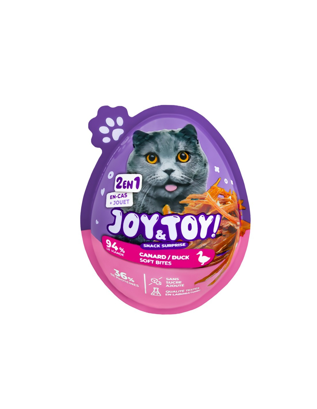 Packshot of VADIGRAN Joy&toy surprise egg for cats, showing the egg toy with treat and surprise toy 