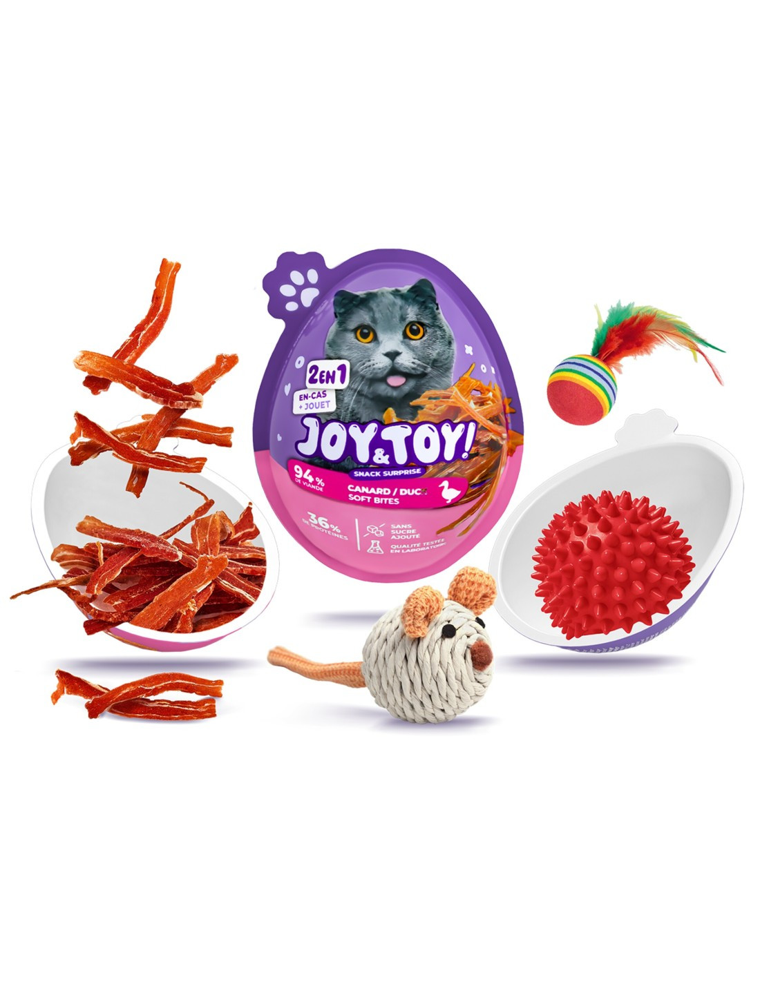 Cat playing with VADIGRAN Joy&toy surprise egg, pushing and batting the egg toy on the floor.