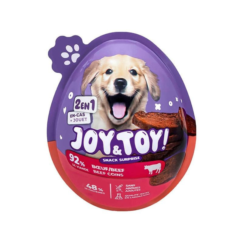 Packshot of VADIGRAN Joy & Toy surprise egg treat for dogs, beef flavor. Egg-shaped packaging with c