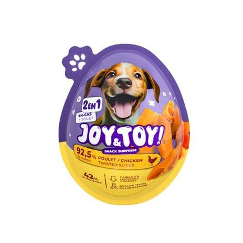 Oeuf surprise Joy & Toy poulet pour chiens, vue avant avec illustration chien joyeux, friandises tor