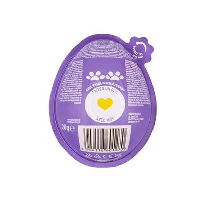 Vue arrière de l'emballage œuf surprise Joy & Toy violet pour chiens, texte français, 70g, code-barr