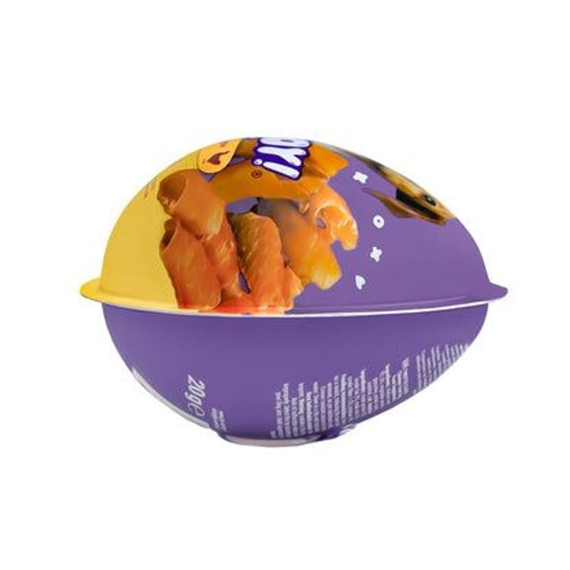 Vue de côté de l'œuf surprise Joy & Toy poulet, avec design violet et jaune, graphiques friandises p