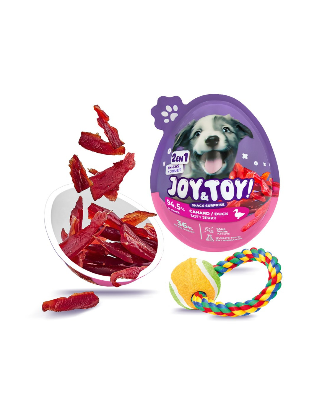 Joy&toy Duck Surprise Egg opened showing the duck-flavored treat and a surprise toy inside.