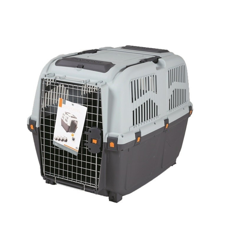 Front view of MPS Skudo 3 IATA pet transport cage showing secure metal door with double locking and 