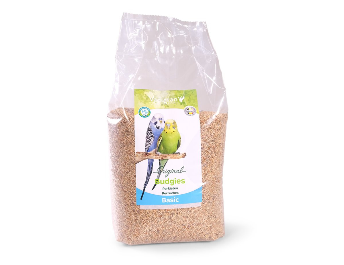 VADIGRAN 1116683 budgie seed mix packshot showing front of bag with product name and bird illustrati