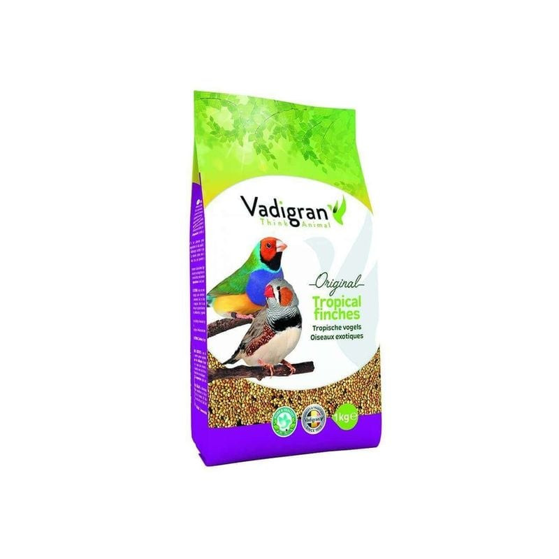Sac Vadigran Original Tropical Finches 1 kg violet avec design feuille verte, montrant des becs-figu