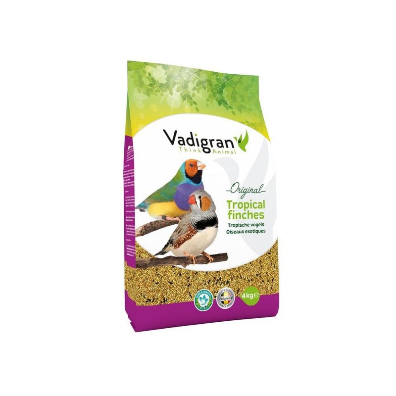 Nourriture Vadigran Original Tropical Finches pour oiseaux en sac violet 4kg aux accents verts, avec