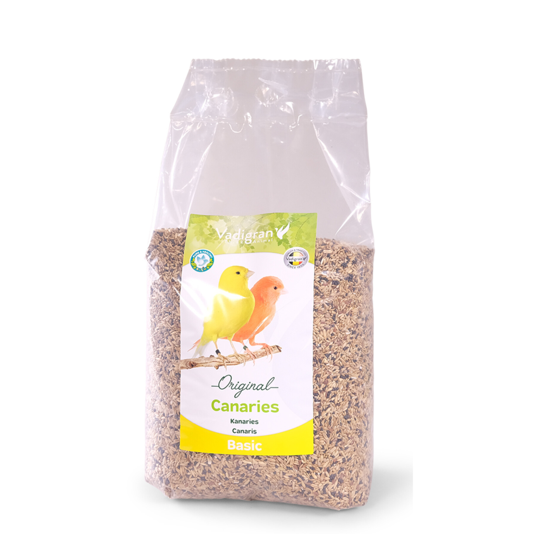 Front view of Vadigran Basic Canaris birdseed mix pack, showing a colorful illustration of canaries 