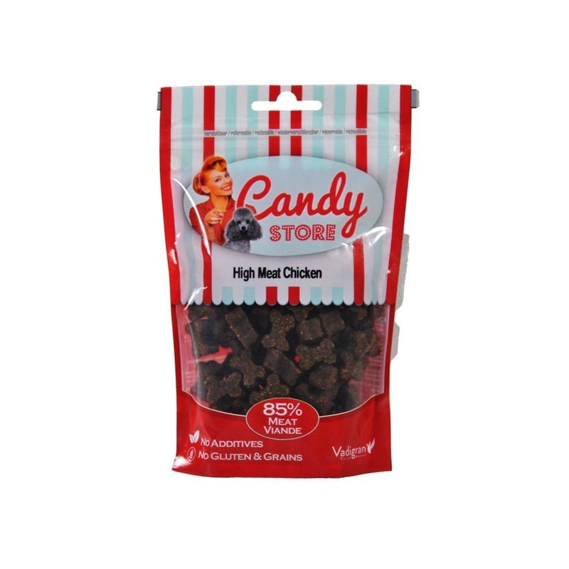 Sachet Vadigran Candy High Meat poulet 150g avec friandises en forme d’os visibles par fenêtre trans