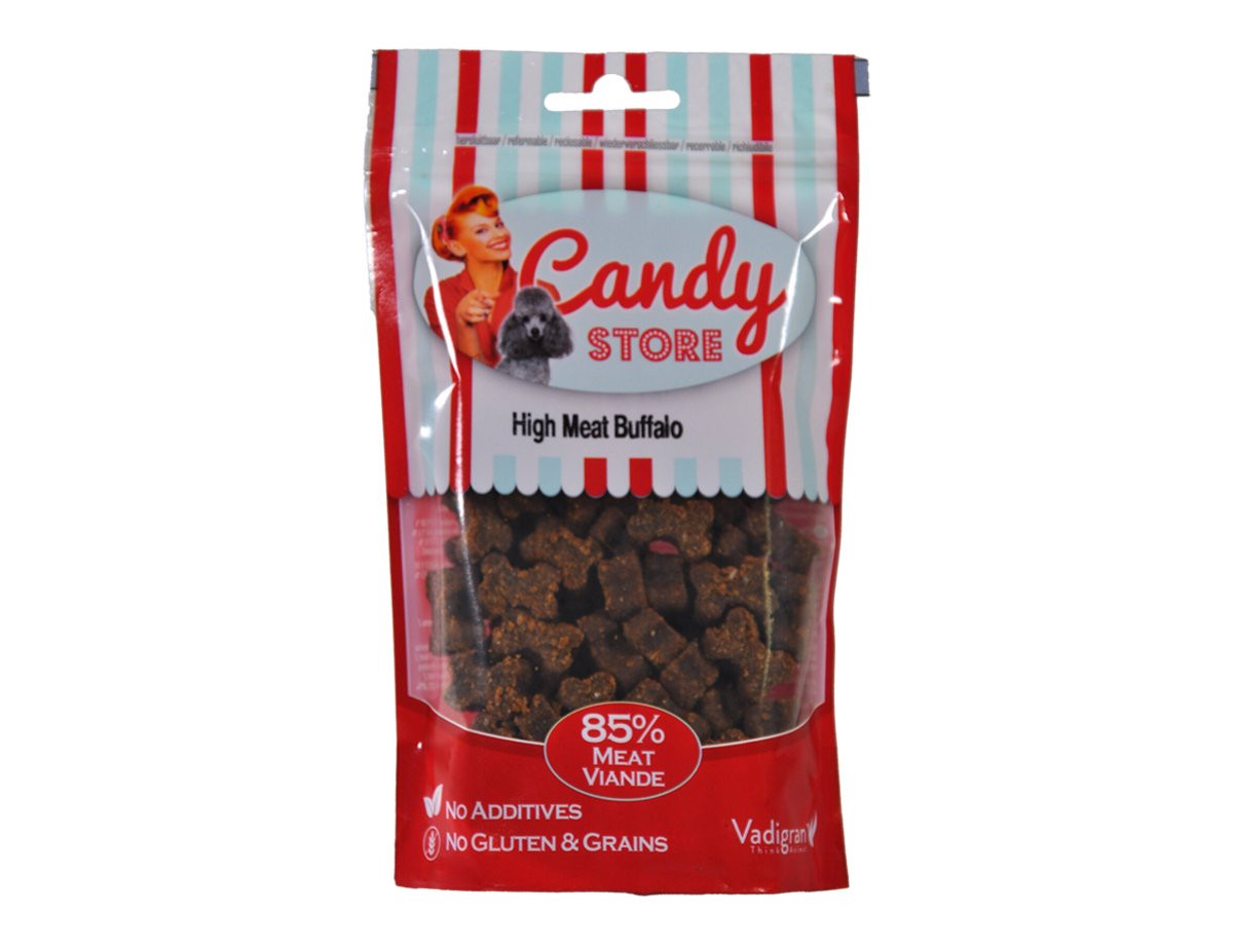 Packshot of Vadigran Candy High Meat Treats for dogs, buffalo flavor, 150g bag.