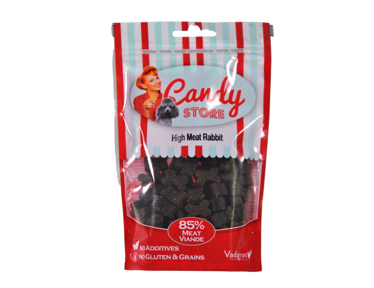 Packshot of VADIGRAN premium rabbit flavored dog treat stick on a neutral background, showing its lo