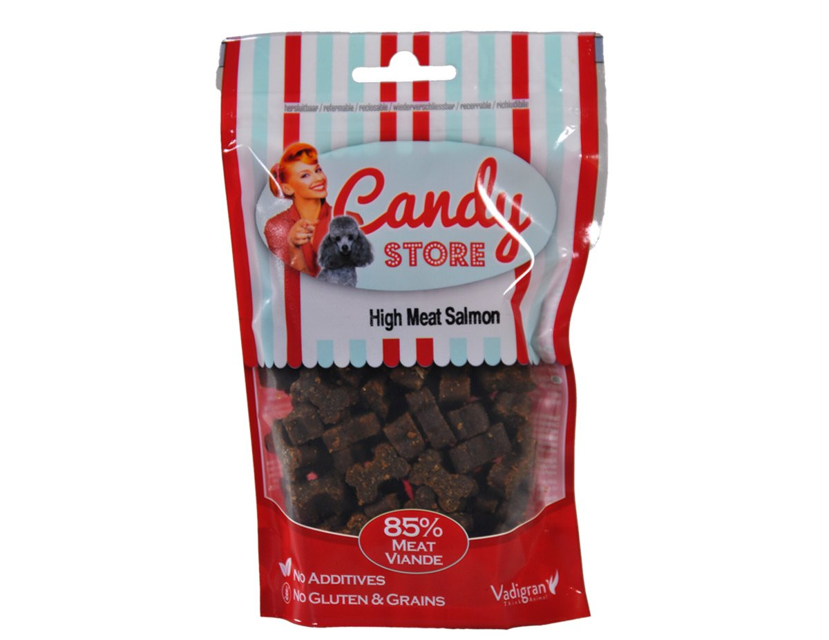 Bag of Vadigran Candy High Meat Treats au Saumon for dogs, showing salmon treats and packaging.