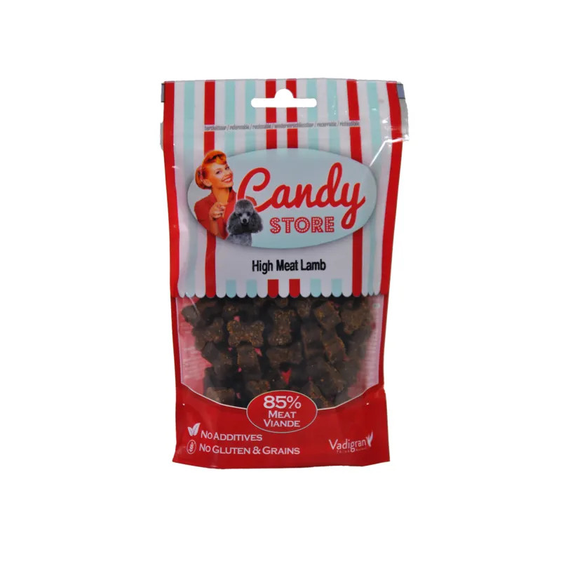 Packshot of Vadigran Candy High Meat Treats Agneau dog treats in a 150g resealable bag