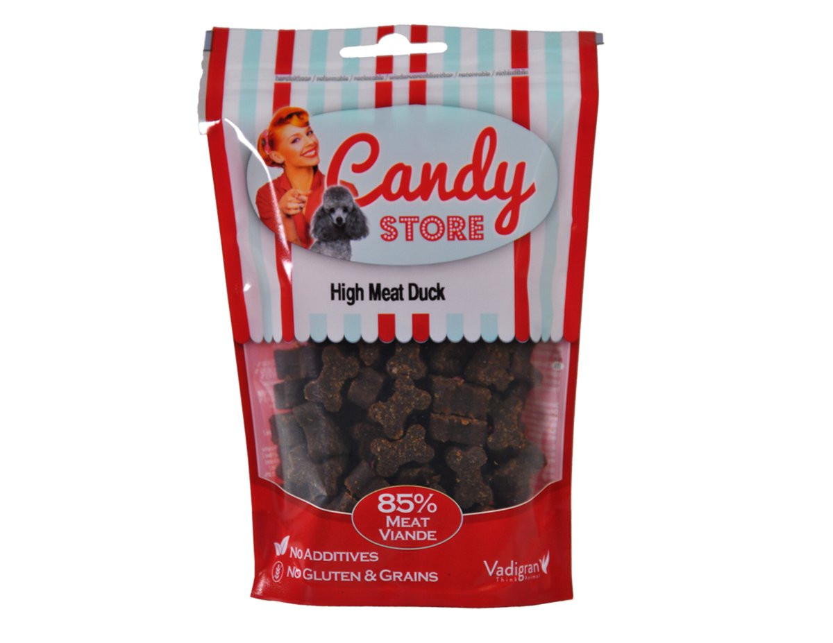 Packshot of Vadigran Candy High Meat Duck Treats bag, featuring a dog and duck illustration with pro