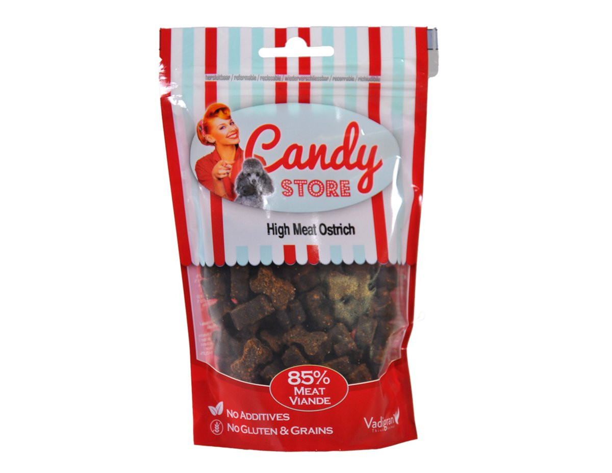 Packshot of Vadigran Candy High Meat Treats for dogs, ostrich flavor, in a bag.