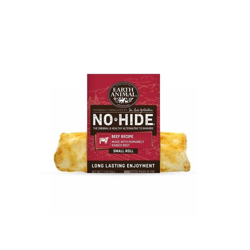 Packshot de Earth Animal No-Hide Beef Rolls pour chiens, taille moyenne, montrant un rouleau sur fon