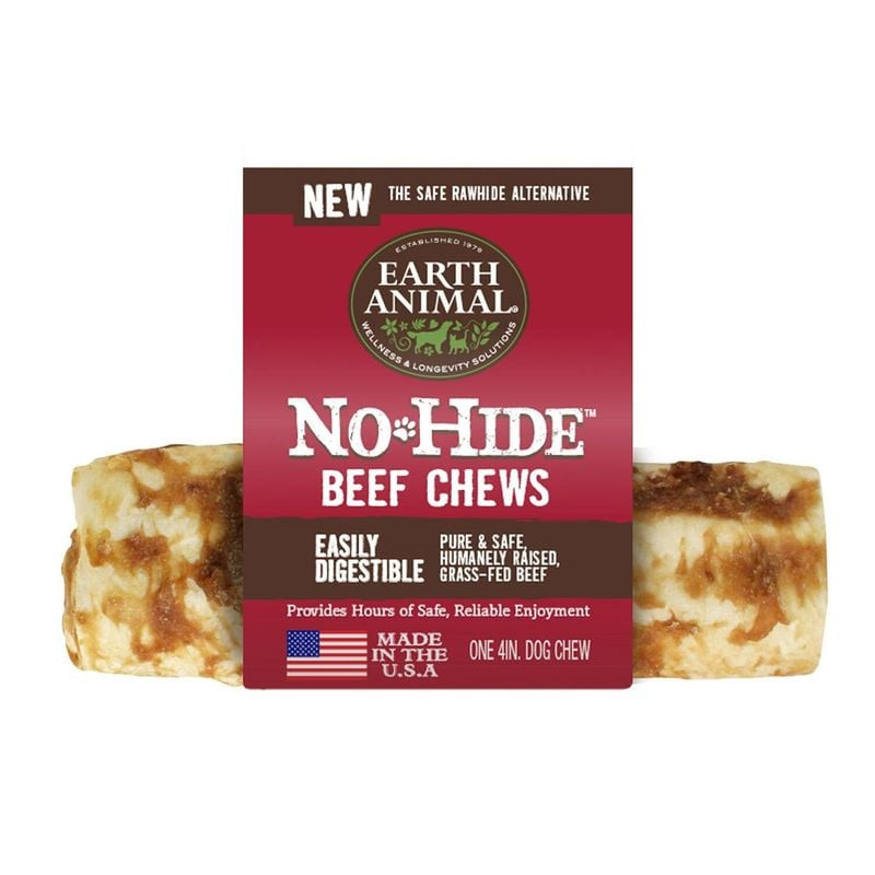 Emballage avant de Earth Animal No Hide friandises au bœuf pour petites races : sachet vert avec chi